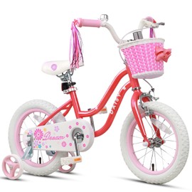 Glerc Daisy Girls Princess Bike for Ages 4 5 6 7 8 Years Old Kids, 16 Inch Girls Bicycle for Toddler and Child with Training Wheels & Basket & Streamers, Red