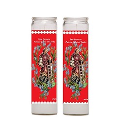 Gifts by Lulee, LLC Saint Lawrence San Lorenzo Patron of Chefs and Cooks Set of 2 Red 8 Inch Traditional Floral Glass Candles with Blessed Prayer Card or Set of 2 Candles Only