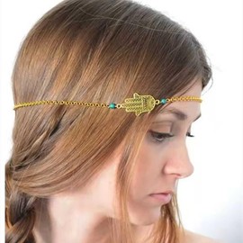 Inilbran Boho Hamsa Hand Head Chain Vintage Hamsa Hair Chain Headdress Gold Fatima Turquoise Headband Headpiece Costume Hair Accessories Jewelry For Women