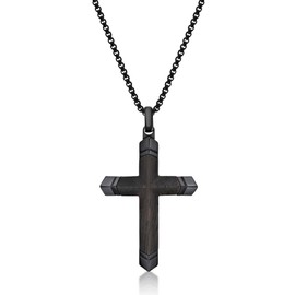Metro Jewelry Ebony Wood Cross Pendant Necklace for Men in Stainless Steel with Black Ion Plating 24 Inches Long Box Chain