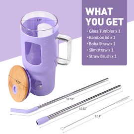 WINSA Glass Tumbler with Straw and Lid, 32 oz Glass Cup with Handle, Glass Water Bottles with Time Marker, 2 Straws - Pearl Straw & Drinking Straw Silicone Protective Sleeve-Purple