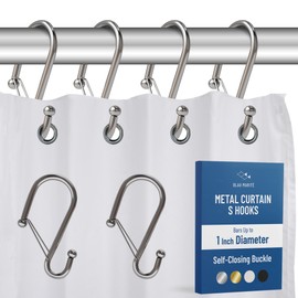 Blau Marité Set of 12 Silver Metal S Hook Shower Hooks 1” – Closed, Heavy Duty, Long Decorative Shower Curtain Hooks, Easy Glide, Buckle, Large Rust Resistant Rings for Bathroom Rods (Silver, S)