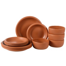 Bloomhouse - Oprah's Favorite Things - Corcisa Clay 12 Piece Stoneware Reactive Glaze Dinnerware Set - Burnt Apricot Terracotta