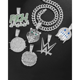 Lced Out Diamond Cuban Chain for Men | Hip Hop Miami Link Necklace Silver & Gold Plated Options with Pendant, 7-Pack Gift Set (Silver, 24Inches(60.0cm))