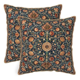 Vintage Floral Soft Velvet Throw Pillow Covers Set of 2 Burnt Orange Navy Flowers Plant Decorative Pillow Covers 18x18 Inch Art Botanical Pillow Case For Sofa Couch Outdoor Farmhouse Home Decor
