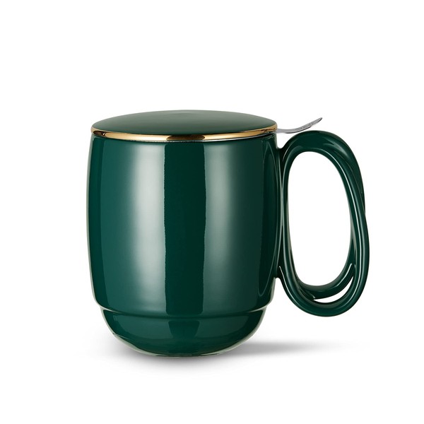 ZENS Tea Cup with Lid and Strainer, 480 ml Large Spiral Handle Loose Tea Cup, Dark Green, Smooth Porcelain Tea Cups with Gold Trim, Lid for Soaking Tea