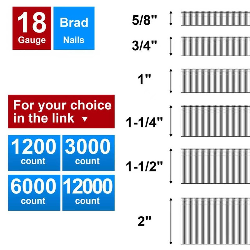 18 Gauge Brad Nails 2",1-1/2",1-1/4", 1",3/4",5/8",1200-Pack
