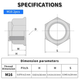 FOCMKEAS 2 Pcs M16*2mm Nylon Inserted Hex Lock Nuts,Self Locking Nut,304 Stainless Steel with Nylon Insert Self Clinching,Plain Finish Full Thread for Furniture Appliance Repair DIY