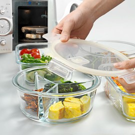 Sangsang &amp; Diu Glass Side Dish Container 3 Compartments Sealed Lid Cupboard_Sharing Plate Set_Round Rectangular_Microwave Container Available, 04. Sealed Glass 3 Compartment Cupboard_Rectangular_Ivory / 상상앤드 디유 유리 반찬통 3칸 밀폐 뚜껑 찬기_나눔 접시 세트_원형 직사각_전자레인지 용기 가능, 04.밀폐유리3칸찬기_직사각_아이보리