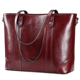 S-ZONE Leather Tote Bag for Women Office Shoulder Handbag 15.6 Inch Work Laptop Briefcase (Wine Red)