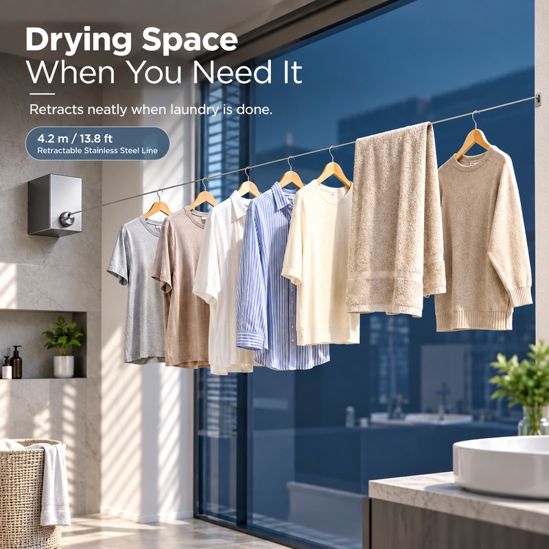 Retractable Clothesline for Laundry Drying – 13.8 FT Space-Saving Stainless