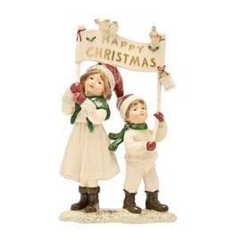 Widdop and Co. - The Seasonal Gift Co. - Victorian Girl & Boy Figurine 'Merry Christmas' Christmas Ornament Decoration. White, Green & Brown Xmas Homeware Indoor Festive Holiday Room Decor.