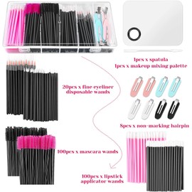 Shynek - Kit de aplicadores de maquillaje desechables, paleta de mezcla de maquillaje con espátula y brochas de maquillaje desechables, varitas de rímel, aplicadores de brillo de labios, clips de maquillaje para el cabello con caja organizadora