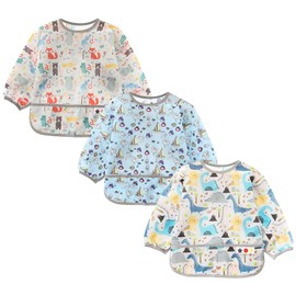 Jolik Jolik 3 Pack baby long sleeve bib,Toddler Waterproof Bibs Smock with Pockets (6-24 Months)