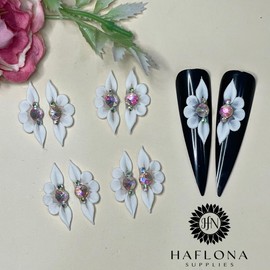 Set 8Pcs 3D Flowers Nails Charms With Rhinestone Gems Handmade by Acrylic Powder Design For Long Nail L,XL,XXL Flower Nail Art Floral Salon Decor Women Girls (8Pcs-White 3 Rhinestones)