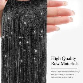 Hair Tinsel 8 Packs 1600 Strands 50 Inch Tinsel Hair Extensions Black Heat Resistant Glitter Sparkling Shinny Fairy Hair Accessories for Women(Black, 50Inch)