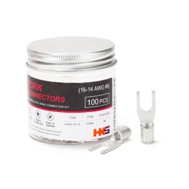 HKS 100PCS Non-Insulated Fork Terminals, #6 Stud, AWG 16-14 (1.5-2.5mm²) Tinned Red Copper Crimp Connectors, M3.5 Bolt Size, Uninsulated Wire Lugs for Electrical Wiring & Automotive Applications