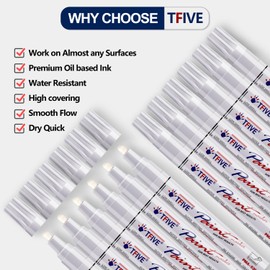 TFIVE White Paint Pens Markers - 12 Pack Oil Based Permanent Marker, Medium Tip, Never Fade, Quick Dry, Waterproof Paint Pen for Rocks Painting, Wood, Fabric, Plastic, Canvas, Glass, Metal