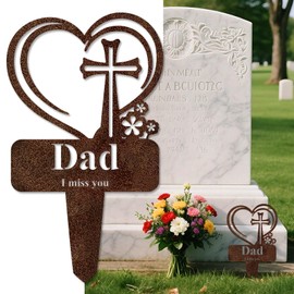KEMAYUN Dad Memorial Grave Stake, Cemetery Decorations for Grave Markers 12.5 x 7.2 inch Heart Metal Sympathy Stakes Graveside Plaque Decor Sign for Father Graves, Yard, Garden - Rust-Dad