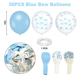 JarThenaAMCS 30pcs 12" Blue White Bow Latex Balloons Cute Bow Tie Print Clear Balloons for Birthday Bachelorette Bridal Party Decoration
