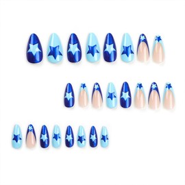 BAOYAALIN Blue Press on Nails Short Medium Almond French Tips Y2K Fake Nails with Star Design Gel Glue on Nails for Women Girls Acrylic False Stick on Nail Manicure Decorations for Wedding 24Pcs
