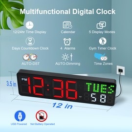 LUCORB Digital Wall Clock with Seconds, 5 Display Modes | 4 Alarms | DST | Days Countdown, Remote Control Home Gym Clock Interval Timer, Decor for Living Room Bedroom Office