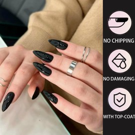 24Pcs Black Almond Medium False Nails - Glossy Press on Nails with Glue - Solid Color Full Cover Fake Nail - Medium Stiletto Stick on Nails for Women and Teens DIY Nail Art