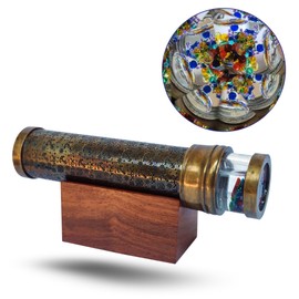 Antique Brass Kaleidoscope with Liquid Motion Objects Handcrafted Nautical Engraving Premium Optical Mirror Unique Gift for Collectors, Boys & Girls, Decorative Home Accent with Wooden Stand