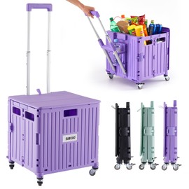 Folding Utility Cart Portable Rolling Crate Handcart Shopping Trolley Collapsible Tool Box, with Lid, Basket on 4 Rotate Wheels, for Grocery, Shopping, Office, Storage, Teacher (Purple)