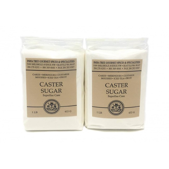 Superfine White Caster Bakers Sugar. Quick Dissolve Grains, Extra Ultra Fine Ground Sugar for Baking. 2 Packs of 1 Pound Bags.