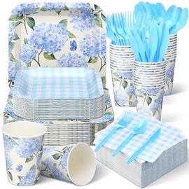 Suttmin 350 Pcs Paper Plates and Napkins Set Disposable Paper Plates Party Supplies Tableware Set Dinnerware Serve 50 Guest Plates and Napkins Cups Knife Forks Spoon(Blue,Hydrangea Floral)