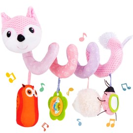 Koty Car Seat Toy Toddler Baby Spiral Plush Activity Hanging Stroller Bar Pram Crib Cot with Music Box BB Squeaker and Rattles (Pink Fox)