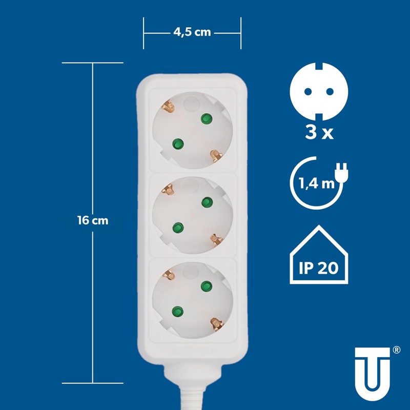 UNITEC 3-Way Table Socket, Socket Strip, 1.4 m, White