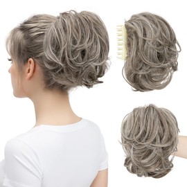 youngways Claw Clip Short Ponytail Messy Bun Hair Piece Bendable Hair Branch Extensions Fluffy Wavy Curly Synthetic Versatile Ash Grey Hairpieces