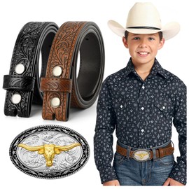 JKEEMI Kids Cowboy Cowgirl Belt, Boys Girls Western Bull Horse Eagle Buckle Embossed Genuine Leather Belt