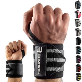 BIOMORPH Professional Wrist Wraps 54 cm for Fitness, Bodybuilding, Strength Sports & Crossfit, Wrist Wraps for Women and Men (Grey Stripes)