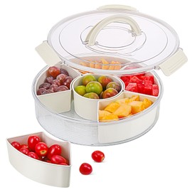 Hejo Round Snack Box with Compartments, Snack Storage Box, Snack Plate, Snack Bowl with Lid and Handle, Portable Snack Box, Multifunctional Snack Container for Party, Families (30 x 30 x 7.5 cm)