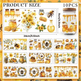GOMAKERER 10 Sheets UV DTF Cup Wraps, 10 Styles Sweet Honey Decals Cartoon Bee Theme Rub on Decals Waterproof Transfer Stickers for Glass Cups Wood Crafts
