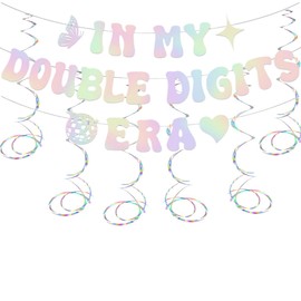 FunnAura 10th Birthday Decorations Girl Boys, In My Double Digits Era 10th Birthday Banner with 6 Glitter Hanging Swirls for Party Supplies