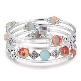 BULINLIN Beaded Pearl Layered Bangle Bracelet for Women Turquoise Bohemian Thick Silver Plated Fashion Jewellery Gifts for Birthday(King green)