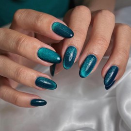 Qsnidy Emerald Green Cat Eye Press on Nails Short Oval Acrylic False Nails Gorgeous Glitter Glossy Full Cover Stick on Nails Galaxy Artificial Fake Nails 12 Sizes - 24 Nails Kit