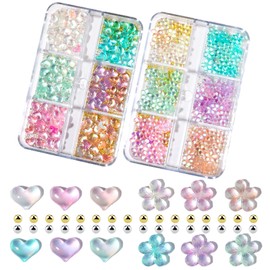 JCAKES 2 Boxes Aurora Mermaid Nail Charms Jewelry 3D Bubble Resin Heart Flower Nail Art Decoration Metal Bead Caviar Flat Back Rhinestones Crystal for Acrylic Nails DIY Accessories Nail Supplies