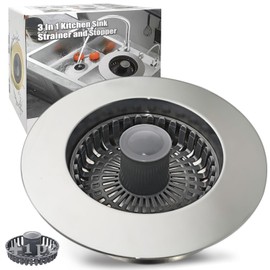 Kitchen Sink Drain Strainer, 3 in 1 Pop Up Kitchen Sink Stopper, with an Extra Basket Strainer, Universal for US Standard 3-1/2 Inch, Chrome Silver