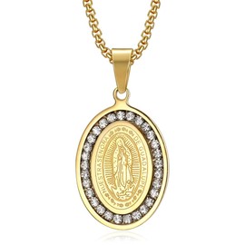 Collar de Medalla Virgen de Guadalupe Acero Inoxidable Baño de Oro 14k, San Valentin Regalos para Mamá Maestros Collares de Mujer Medalla Virgen María Oración, Regalos para Hombre Mujer (Dorado)