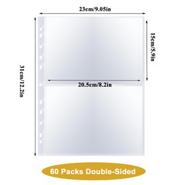 Pack of 60 A4 Photo Sleeves with 240 Pockets, Transparent Postcard Sleeves for A4 2/3/4 Ring Binder, Double-Sided Photo Page Protectors with 2 Compartments, Transparent Sleeves A4 for Families