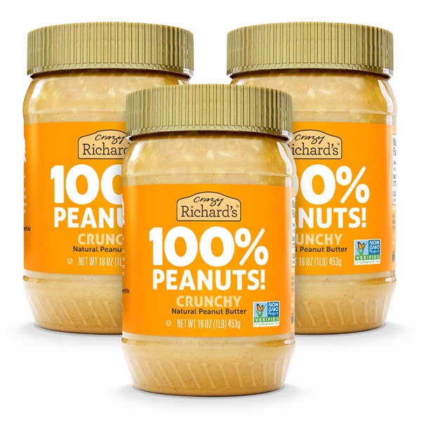 Crazy Richard's 100% All-Natural Crunchy Vegan Peanut Butter with No Added Sugar and Non-GMO (16 Ounce, Pack of 3)
