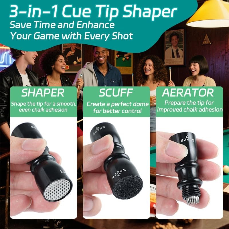 VortecSys Premium Pool Cue Tip Tools, 3-in-1 Billiard Cue Tip