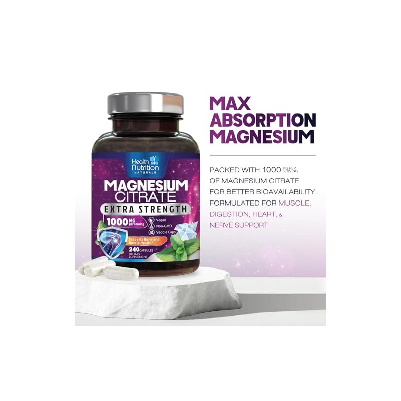 Health Nutrition Naturals Cápsulas Citrato Magnesio 1000 Polvo Máxima Absorción