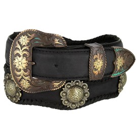 Cowboy Cowgirl Western Belt Vintage Crazy Horse Scalloped Genuine Leather Conchos Belt 1-1/2"(38mm) Wide (Black,38)