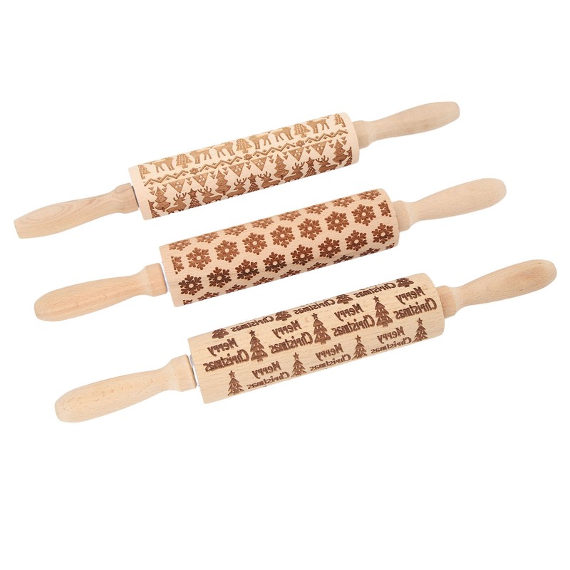 3Pcs Wooden Embossed Rolling Pin Cute Christmas Pattern Engraved Embossing